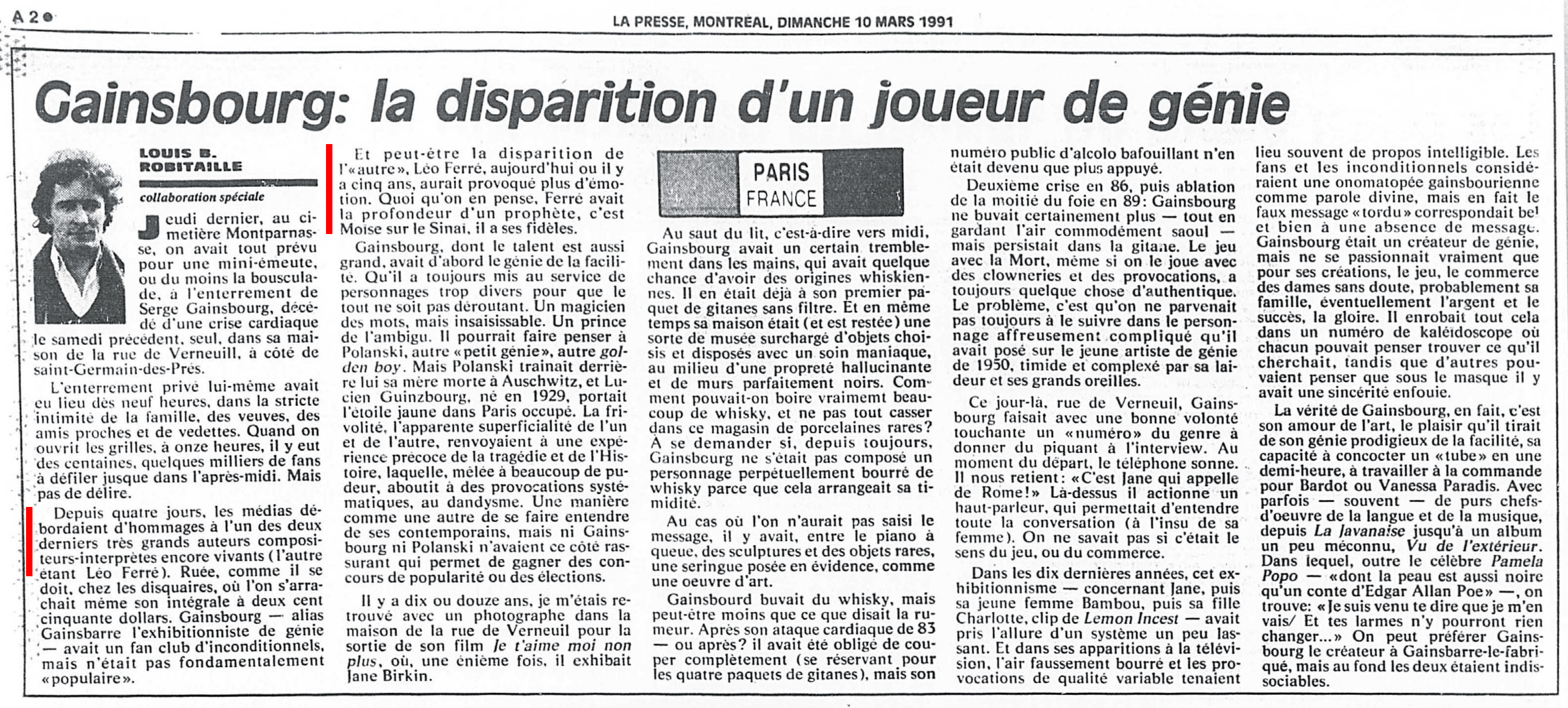 Léo Ferré - La Presse, 10 mars 1991, Cahier A